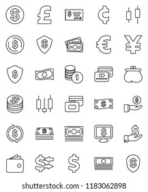 Thin Line Vector Icon Set - Exchange Vector, Dollar Coin, Japanese Candle, Credit Card, Wallet, Cash, Investment, Stack, Check, Shield, Monitor, Euro Sign, Pound, Yen, Cent, Money