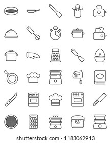 thin line vector icon set - pan vector, cook hat, apron, glove, timer, whisk, spatula, knife, grater, oven, double boiler, cookbook, sieve, dish, mixer, multi cooker, toaster