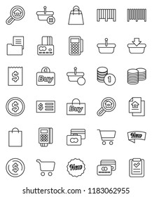 thin line vector icon set - dollar coin vector, cart, credit card, stack, receipt, estate document, search, new, shopping bag, buy, barcode, reader, basket, list