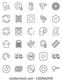 thin line vector icon set - washboard vector, toilet paper, plates, pie graph, arrow up, pound, oxygen, disk, play button, rec, pills blister, gear, refresh, redo, loading, route, relocation truck