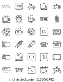 thin line vector icon set - cinema clap vector, film spool, tv, gamepad, video camera, remote control, play button, pause, rec, hdmi, web, projector