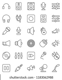 thin line vector icon set - disk vector, music hit, microphone, speaker, loudspeaker, settings, headphones, pause button, forward, rec, rca, jack, equalizer