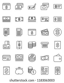 thin line vector icon set - credit card vector, cash, coin stack, check, receipt, dollar calendar, money, wallet, reader, tap pay
