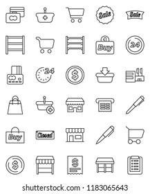 thin line vector icon set - pen vector, dollar coin, cart, credit card, shelving, sale, closed, 24 hour, shopping bag, market, store, mall, buy, receipt, basket, list