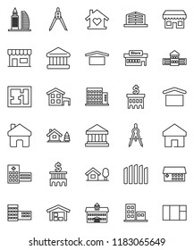 thin line vector icon set - university vector, school building, drawing compass, bank, dry cargo, hospital, home, cottage, chalet, barn, fence, plan, apartments, office, love, store, mall, window