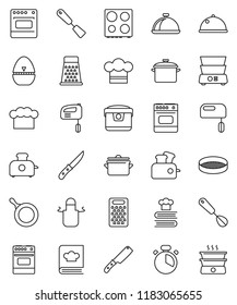 thin line vector icon set - pan vector, cook hat, apron, timer, whisk, spatula, knife, grater, oven, double boiler, cookbook, sieve, dish, mixer, multi cooker, toaster