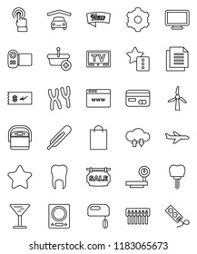 thin line vector icon set - plane vector, document, glass, big scales, tv, touchscreen, thermometer, chromosomes, tooth, implant, cloud exchange, browser, gear, hub, favorites, windmill, garage, new