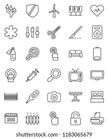 thin line vector icon set - sea container vector, protected, cinema clap, camera, tv, settings, touchscreen, monitor, speaker, battery, ambulance star, heart pulse, thermometer, syringe, scissors