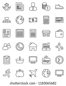 thin line vector icon set - house hold vector, calculator, world, wallet, manager, coin stack, hierarchy, snickers, run, route, earth, plane, clock, receipt, newspaper, monitor, group, home, phone