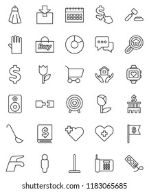 thin line vector icon set - water tap vector, mop, towel, rubber glove, house hold, ladle, pie graph, auction, annual report, bank building, man, dollar flag, calendar, cursor, sign, target, cross