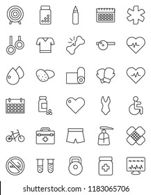 thin line vector icon set - liquid soap vector, potato, heart pulse, pills vial, bike, weight, punching bag, boxing glove, shorts, swimsuite, t shirt, target, calendar, fitness mat, no smoking