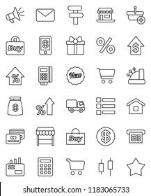 thin line vector icon set - cart vector, japanese candle, percent growth, dollar, office, gift, credit card, coin, money bag, new, market, buy, reader, cashbox, receipt, basket, home, calculator