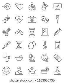 thin line vector icon set - pills vial vector, first aid kit, oxygen, disabled, heart pulse, cross, doctor, thermometer, dna, insemination, syringe, crutches, scissors, sand clock, patch, mortar