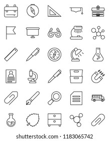 thin line vector icon set - graduate hat vector, pen, university, corner ruler, glasses, backpack, table lamp, compass, magnet, school bus, document, archive, personal information, molecule, flag