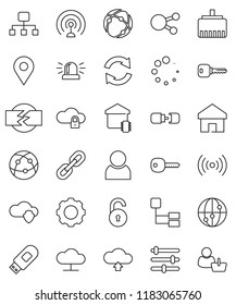 thin line vector icon set - antenna vector, internet, social media, connection, cloud network, shield, lock, gear, equalizer, usb modem, lan connector, home, refresh, upload, loading, chain, unlock