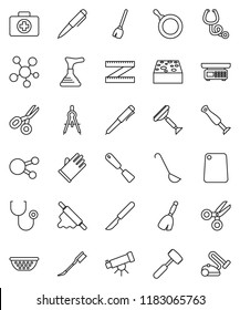 thin line vector icon set - plunger vector, scraper, broom, sponge, car fetlock, rubber glove, pan, colander, spatula, ladle, rolling pin, meat hammer, cutting board, drawing compass, pen, telescope