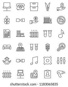 thin line vector icon set - clothespin vector, house hold, music, archive, investment, personal information, any currency, cereals, navigator, phone, settings, vial, microbs, notebook network