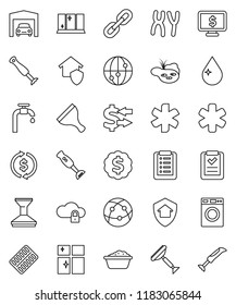 thin line vector icon set - scraper vector, water drop, car fetlock, washer, foam basin, shining window, blender, exchange, dollar medal, monitor, internet, ambulance star, pills blister, cloud lock