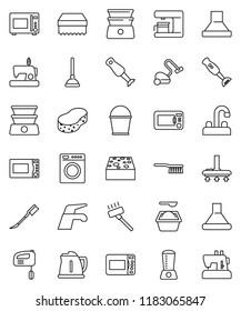 thin line vector icon set - plunger vector, water tap, vacuum cleaner, fetlock, bucket, sponge, car, washing powder, kettle, microwave oven, double boiler, blender, washer, mixer, coffee maker, hood