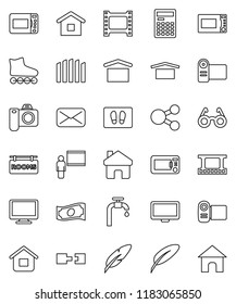 thin line vector icon set - welcome mat vector, microwave oven, pen, blackboard, glasses, calculator, cash, roller Skates, dry cargo, film frame, monitor, mail, share, home, connection, water supply