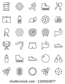 thin line vector icon set - award cup vector, target, jump rope, hand trainer, fitball, muscule, snickers, boxing glove, shorts, roller Skates, medal, sports nutrition, water bottle, fitness mat