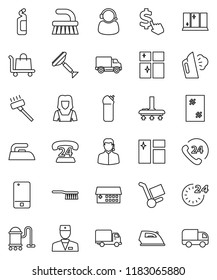 thin line vector icon set - scraper vector, vacuum cleaner, fetlock, window cleaning, iron, steaming, agent, shining, woman, dollar cursor, phone 24, delivery, mobile, doctor, hospital building