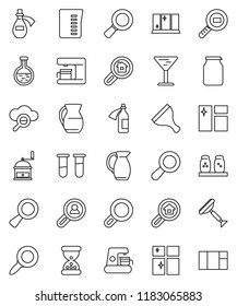 thin line vector icon set - scraper vector, window cleaning, shining, measuring cup, hand mill, spices, jug, jar, magnifier, glass, cargo search, flask, vial, sand clock, potion, cloud, estate