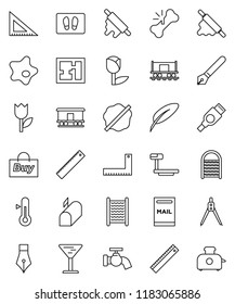 thin line vector icon set - water tap vector, splotch, welcome mat, washboard, rolling pin, thermometer, pen, corner ruler, drawing compass, Railway carriage, glass, tulip, big scales, hdmi, mailbox