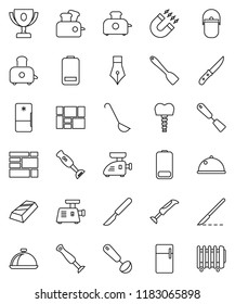 thin line vector icon set - camping cauldron vector, spatula, ladle, knife, toaster, blender, dish, pen, award cup, magnet, gold ingot, consolidated cargo, battery, scalpel, tooth implant, fridge