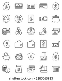 thin line vector icon set - dollar coin vector, credit card, wallet, cash, money bag, piggy bank, investment, stack, check, receipt, shield, euro sign, yen, cashbox