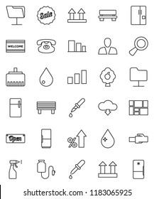 thin line vector icon set - water drop vector, welcome mat, sprayer, percent growth, consolidated cargo, top sign, sorting, classic phone, magnifier, dropper, counter, network folder, lan connector
