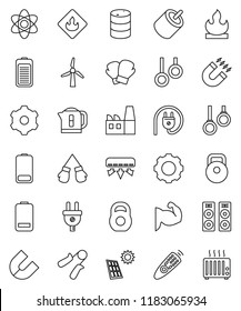 thin line vector icon set - atom vector, magnet, weight, hand trainer, muscule, boxing glove, gymnast rings, flammable, oil barrel, remote control, battery, rca, gear, solar panel, windmill, factory