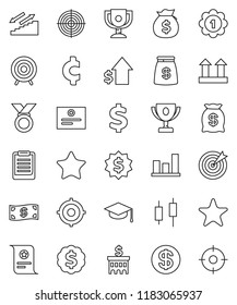 thin line vector icon set - graduate hat vector, clipboard, award cup, certificate, graph, japanese candle, money bag, dollar growth, bank building, target, medal, cent sign, stairways run, top