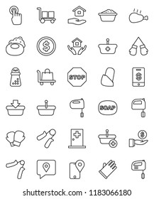 thin line vector icon set - soap vector, foam basin, rubber glove, house hold, hand mill, mixer, chicken leg, dollar coin, investment, trainer, boxing, traking, cargo, touchscreen, bandage, stop