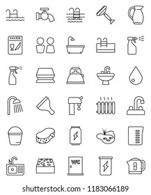 thin line vector icon set - scraper vector, bucket, sponge, water drop, tap, sprayer, shower, closet, sink, kettle, measuring cup, jug, enegry drink, pool, pond, supply, bath, heating, dishwasher