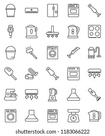 thin line vector icon set - vacuum cleaner vector, bucket, kettle, scales, oven, blender, air conditioner, fridge, washer, coffee maker, hood