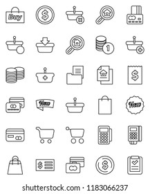 thin line vector icon set - dollar coin vector, cart, credit card, stack, receipt, estate document, search, new, shopping bag, buy, reader, basket, list