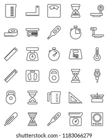 thin line vector icon set - measuring cup vector, scales, corner ruler, sand clock, stopwatch, weight, big, thermometer, store, kitchen