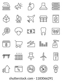 thin line vector icon set - fetlock vector, liquid soap, mushroom, book, dollar growth, money search, calendar, horizontal bar, stairways run, no smoking, plane, receipt, package, equalizer, tooth