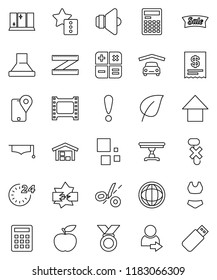 thin line vector icon set - shining window vector, graduate hat, calculator, world, leaf, arrow up, diet, measuring, swimsuite, medal, attention, traking, no hook, film frame, speaker, disconnection