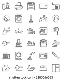 thin line vector icon set - plunger vector, water tap, iron, bath, cottage, chalet, apartments, fireplace, home protect, password, washer, mixer, coffee maker, multi cooker, microwave oven, toaster