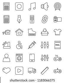 thin line vector icon set - pen vector, ruler, calculator, music, roller Skates, target, speaker, gamepad, settings, mobile phone, heart, play button, rec, disabled, syringe, chain, user, cottage