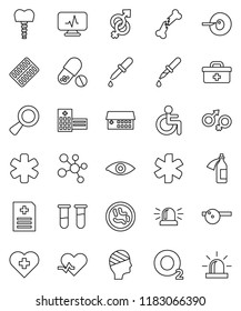 thin line vector icon set - pills vector, molecule, heart cross, oxygen, doctor bag, ambulance star, disabled, pulse, vial, eye, gender sign, magnifier, insemination, dropper, broken bone, blister