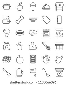 thin line vector icon set - pan vector, camping cauldron, colander, scales, apron, cook glove, timer, skimmer, spatula, ladle, cutting board, grater, mixer, toaster, oven, plates, sieve, dish, diet