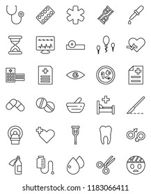 thin line vector icon set - ambulance star vector, heart pulse, cross, eye, gender sign, dropper, crutches, scissors, scalpel, sand clock, stethoscope, pills, blister, mortar, doctor hat, microbs