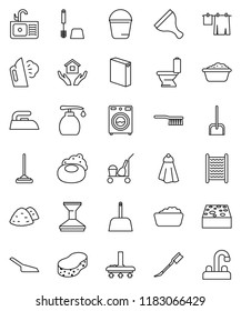 thin line vector icon set - soap vector, scraper, cleaner trolley, vacuum, fetlock, mop, scoop, bucket, sponge, towel, car, iron, steaming, toilet, drying clothes, brush, washer, foam basin, liquid