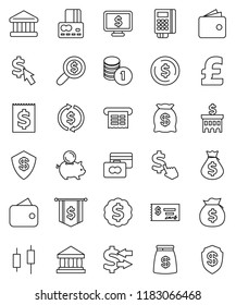 thin line vector icon set - bank vector, exchange, dollar coin, japanese candle, credit card, wallet, money bag, piggy, stack, check, building, search, medal, flag, monitor, cursor, pound, receipt