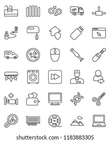 thin line vector icon set - truck trailer vector, car, route, film spool, forward button, jack, doctor, gender sign, dna, scissors, microbs, hospital bed, connect, browser, login, pool, mountain