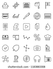 thin line vector icon set - water drop vector, drying clothes, cook hat, mixer, glasses, pen, schedule, molecule, leaf, constellation, dollar coin, flag, calendar, pound, protected, camera, internet
