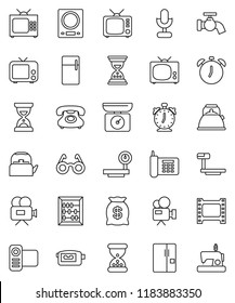 thin line vector icon set - water tap vector, kettle, glasses, alarm clock, abacus, sand, phone, big scales, film frame, tv, video camera, microphone, fridge, money bag, kitchen, sewing machine